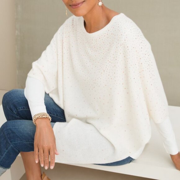 Chicos Cashmere Poncho Sweater Rhinestone Ivory Asymmetrical Wool Bedazzled - Picture 1 of 16